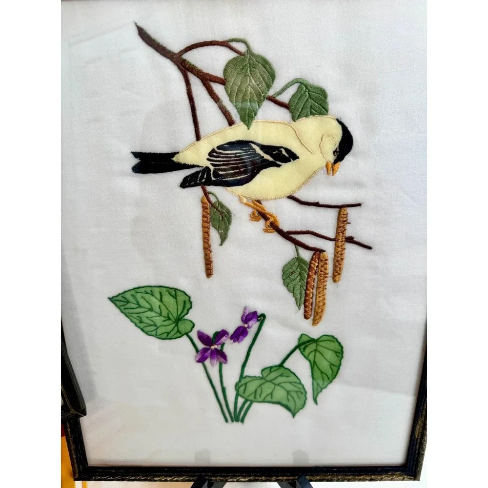 VTG Crow Bird Silk Embroidery Set 3 Wall Art Boho Whimsigoth Decor Framed